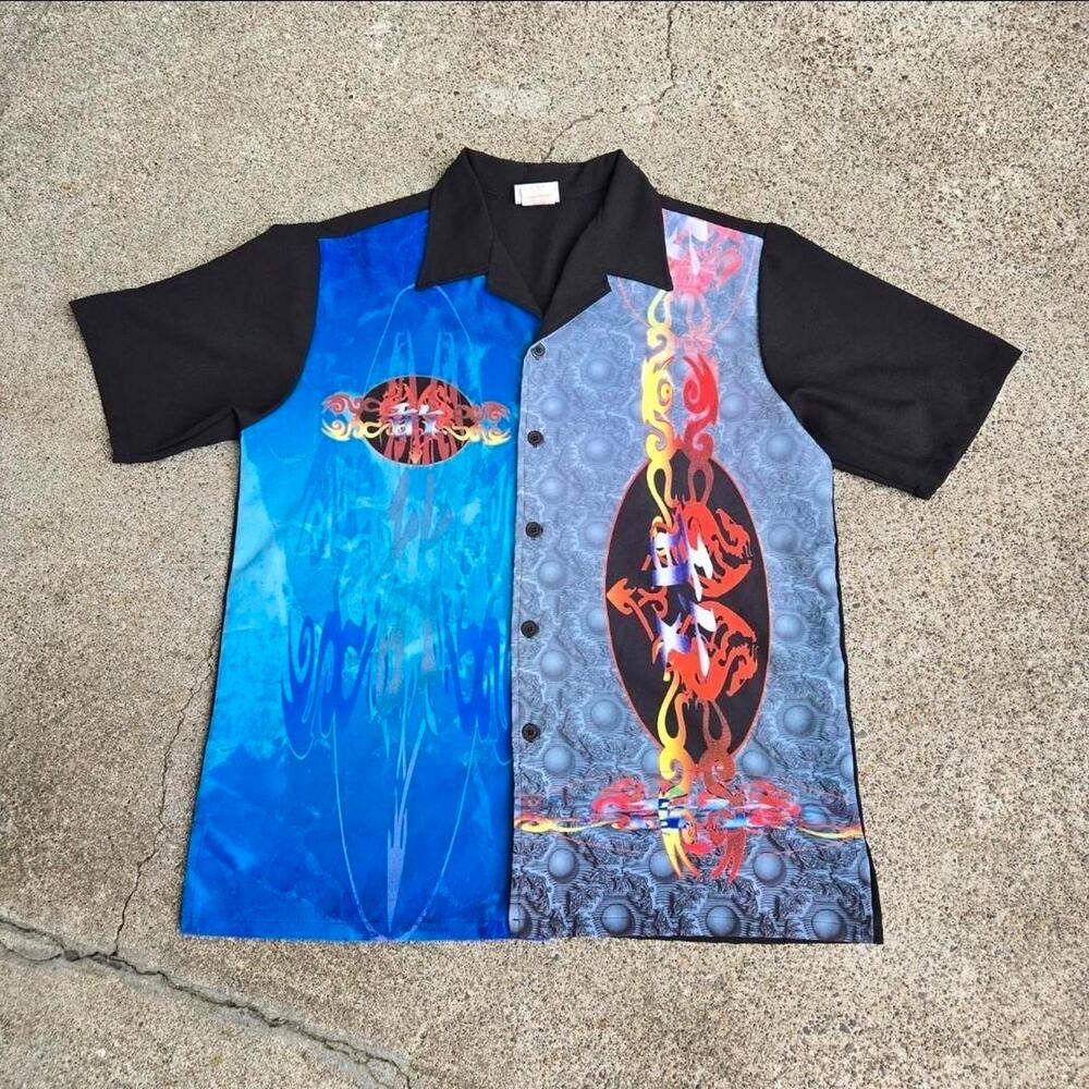 Vtg 90s y2k WD SPORTSWEAR Dragon Futuristic Print Skate Button Up Shirt Lg USA
